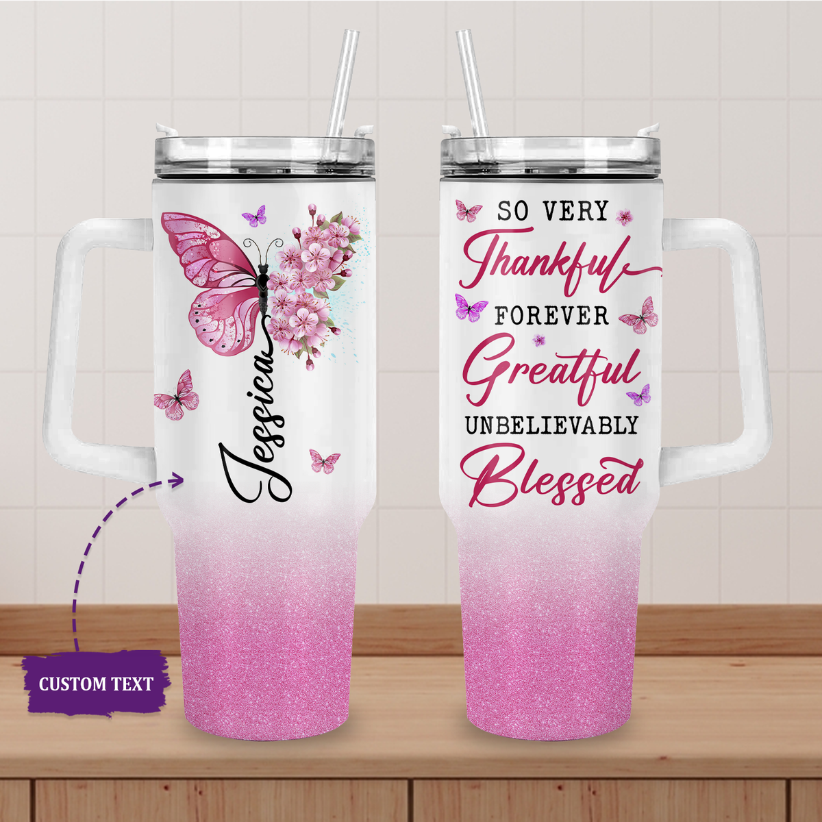 Pink Flower Butterfly Inspirational Christian 40 Oz Tumbler With Handl -  LuvinGrace Store