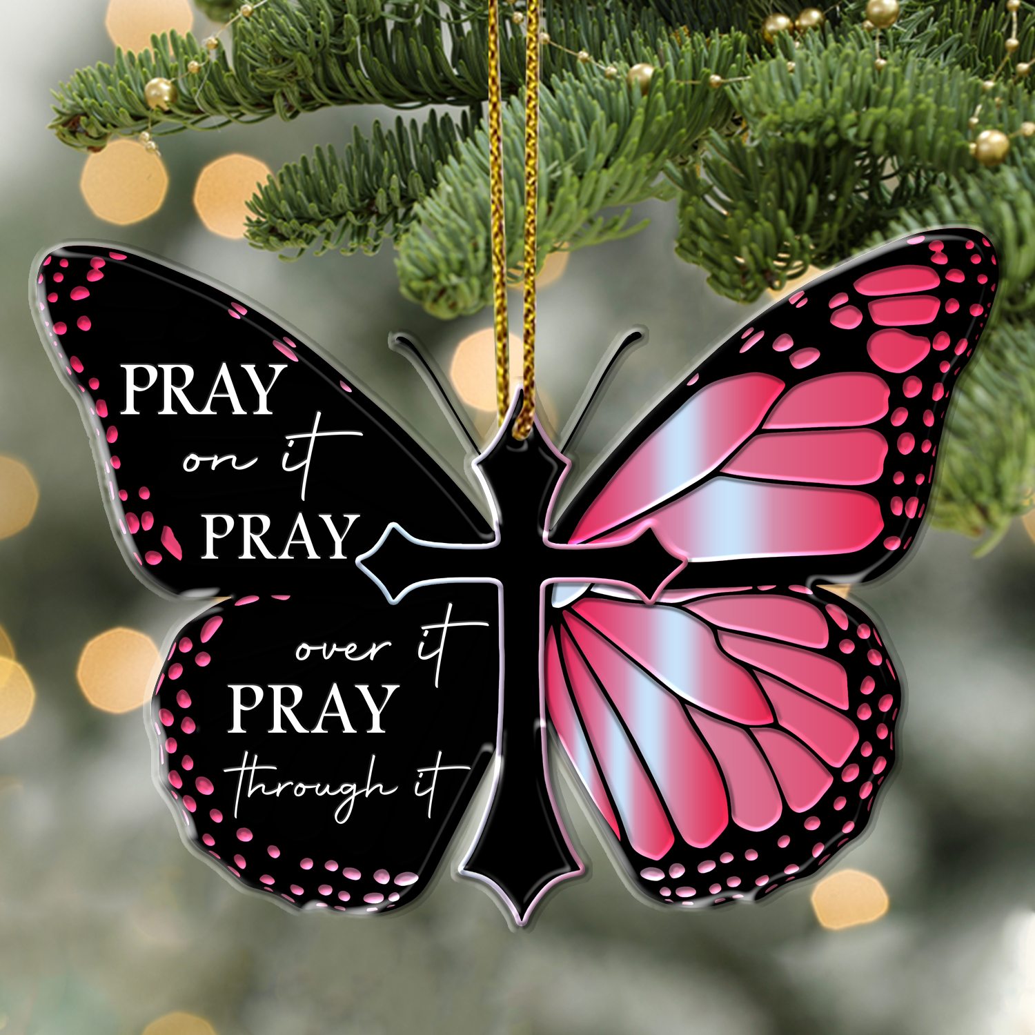 Pink Monarch Butterfly Pray Christian Cross Ornament Gift Bible Verse Christmas Ornament Car Hanging