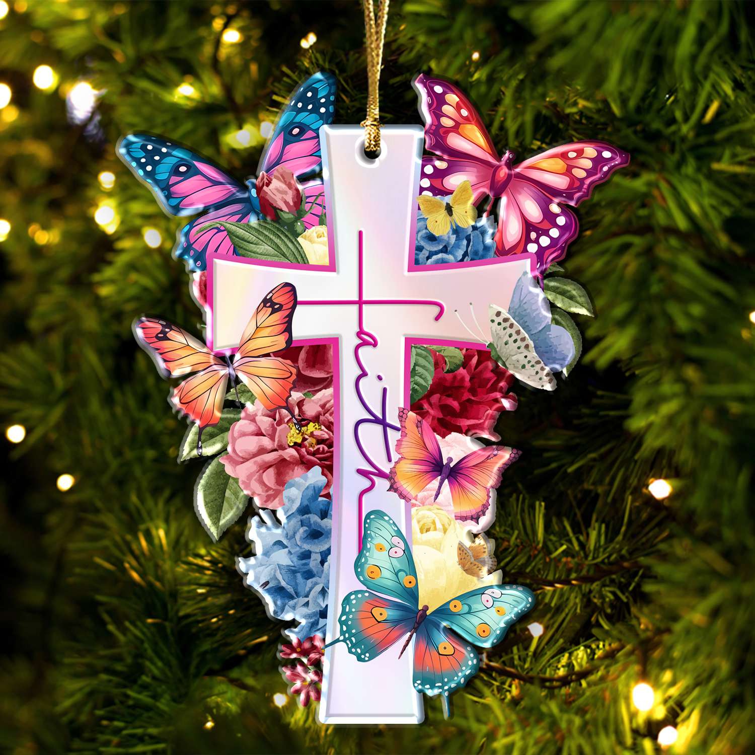 Flowers Faith Cross Butterflies Christian Ornament Gift Christmas Ornament Car Hanging