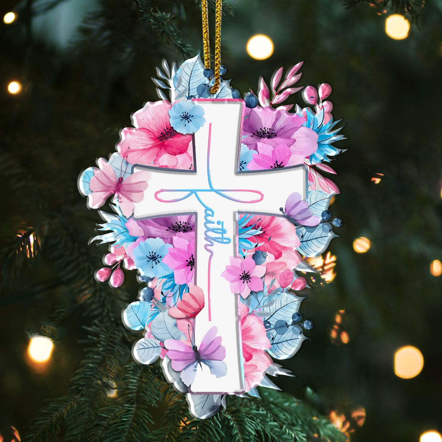 Pink Blue Flowers Butterflies Faith Cross Christian Ornament Gift Christmas Ornament Car Hanging
