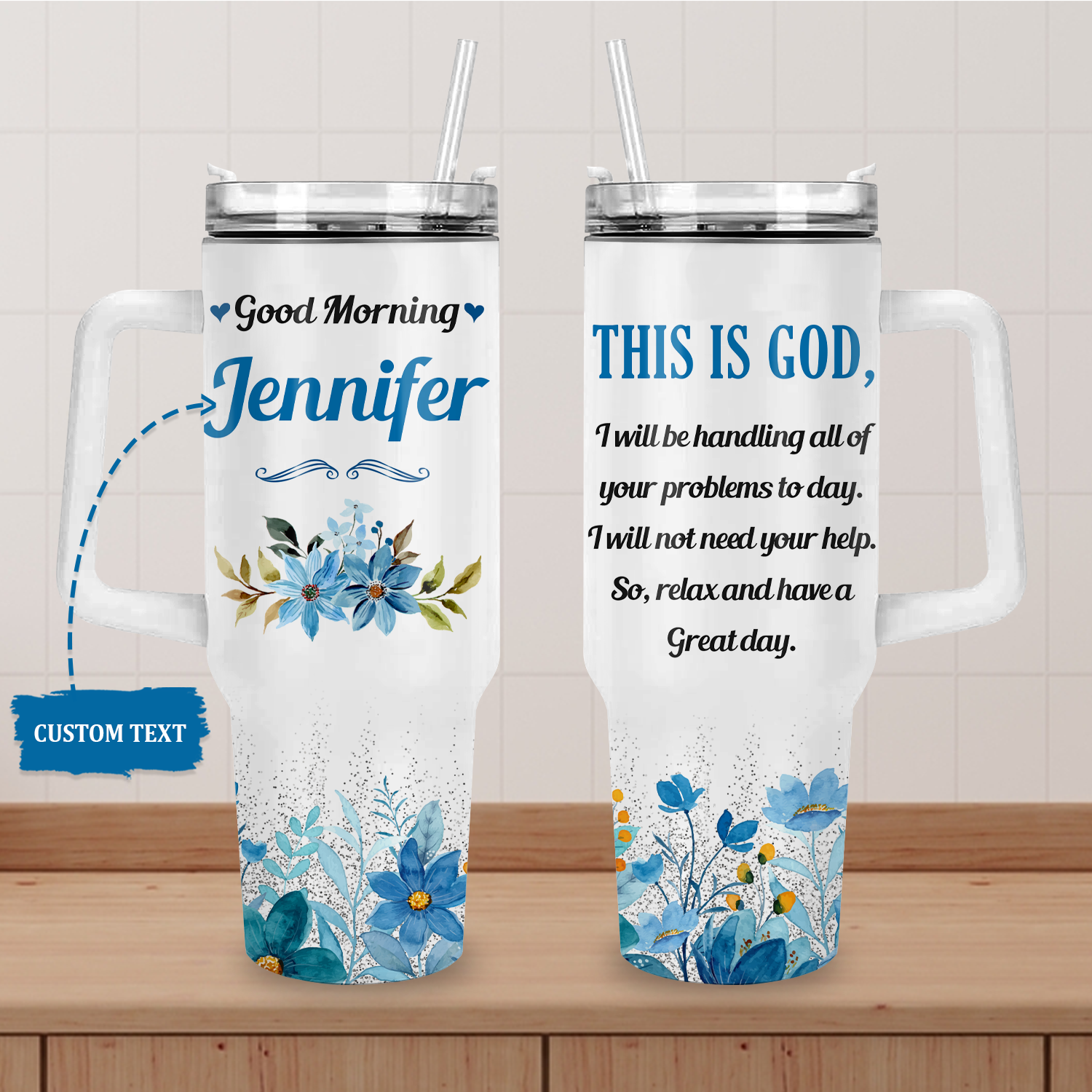 Good Morning This is God - 40 Oz Tumbler With Handle - Personalized Stainless Steel Tumbler
