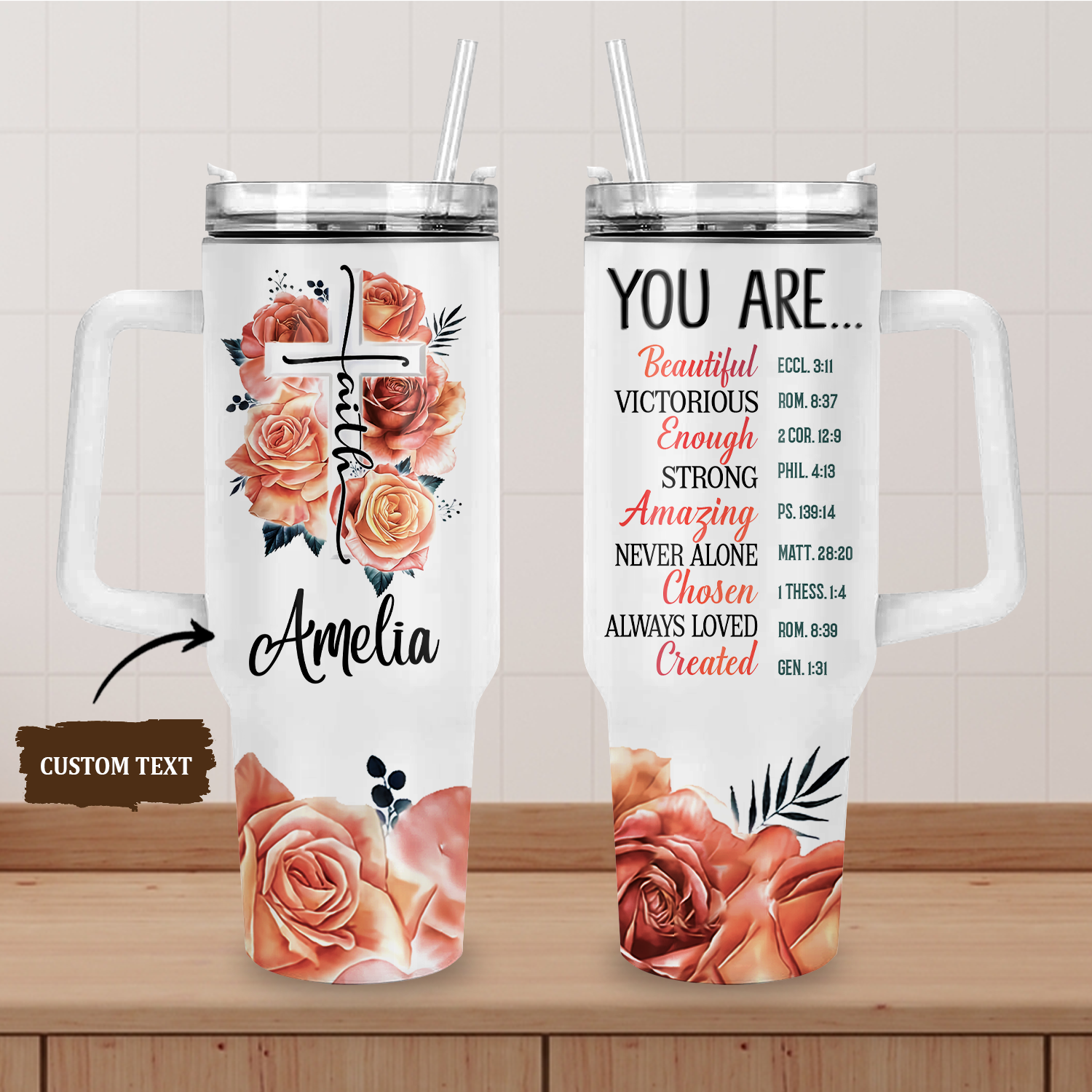 Rose Cross You Are - 40 Oz Tumbler With Handle - Personalized Stainless Steel Tumbler
