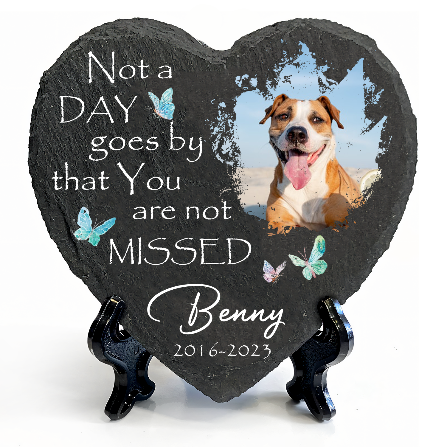 Dog Photo Blue Butterly Butterfly Custom Dog Memorial Stone, Pet Memorial Gifts - Personalized Custom Memorial Tomstone
