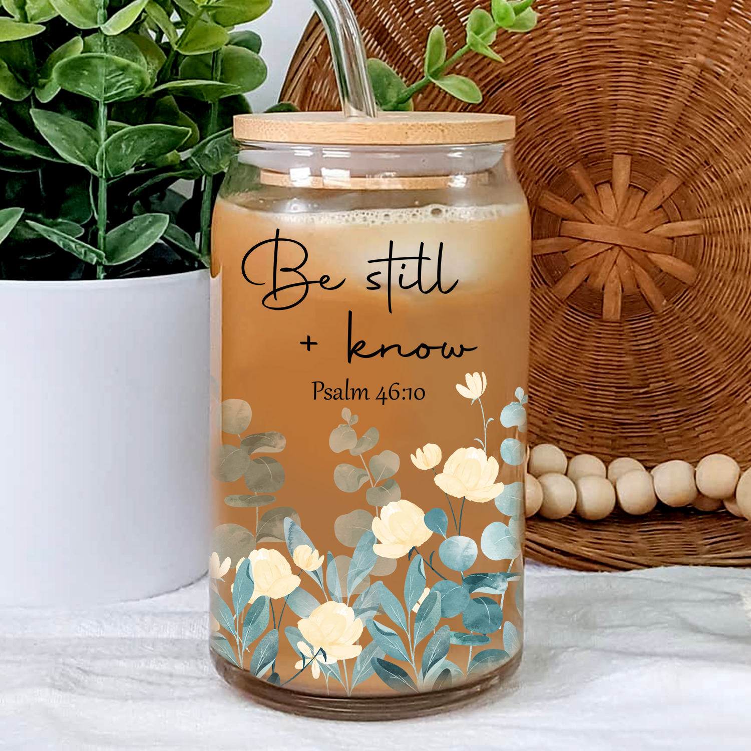 Floral Be Still Can Glass Christian Gifts for Women