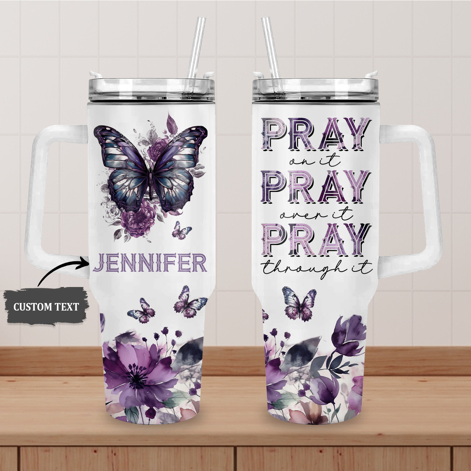 Purple butterfly Pray on it - 40 Oz Tumbler With Handle - Personalized Stainless Steel Tumbler