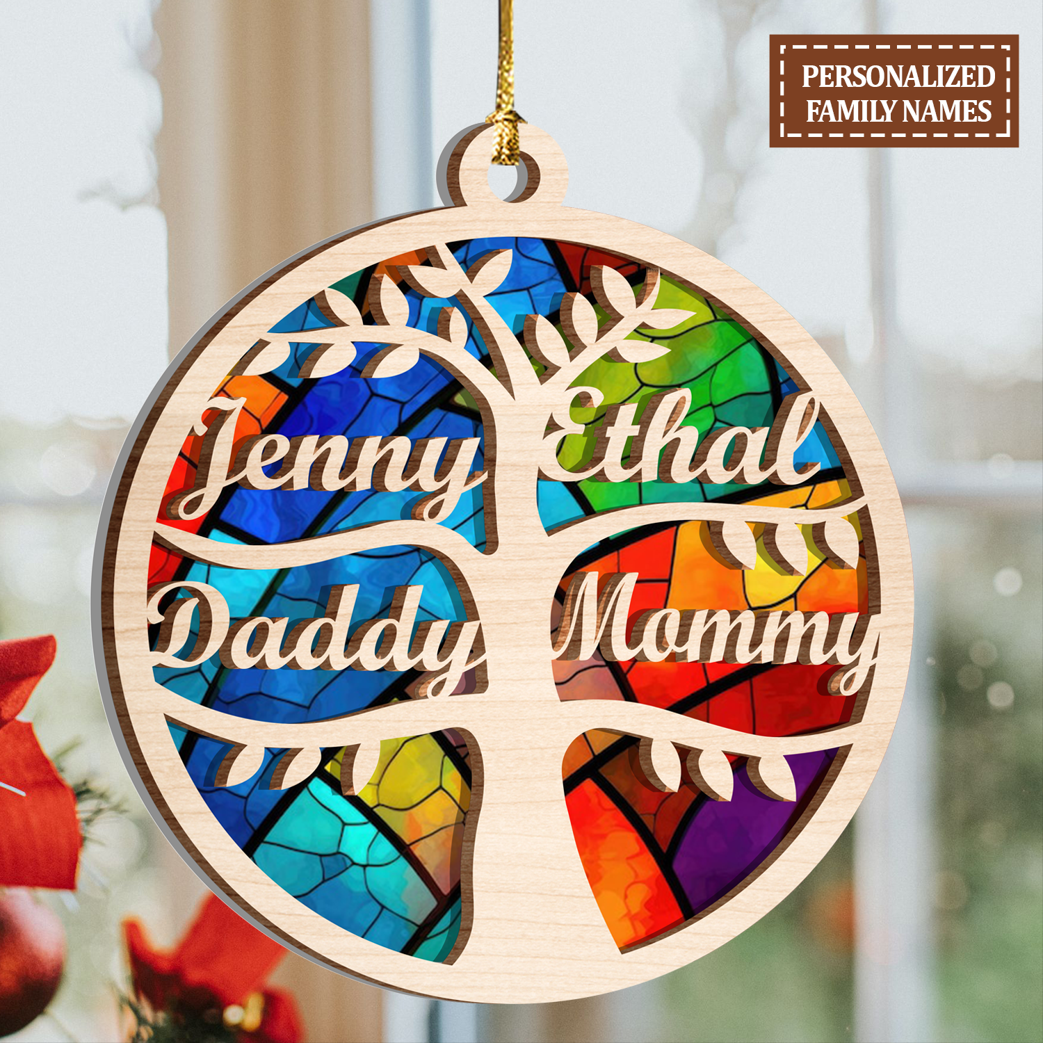 Family Tree Custom 2 Layers Stained Glass Suncatcher Christmas Car Hanging Wooden Ornament
