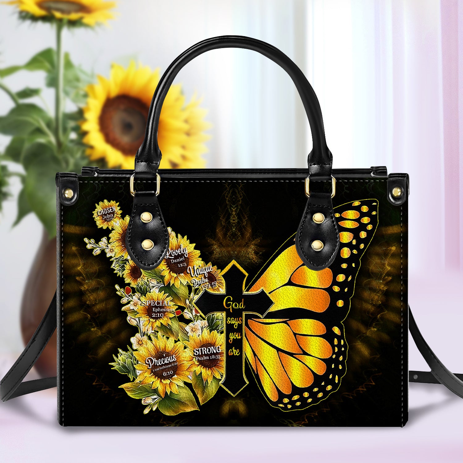 Yellow Butterfly Sunflowers You Are Leather Handbag With Handle Christian Gift Religious Gift For Women