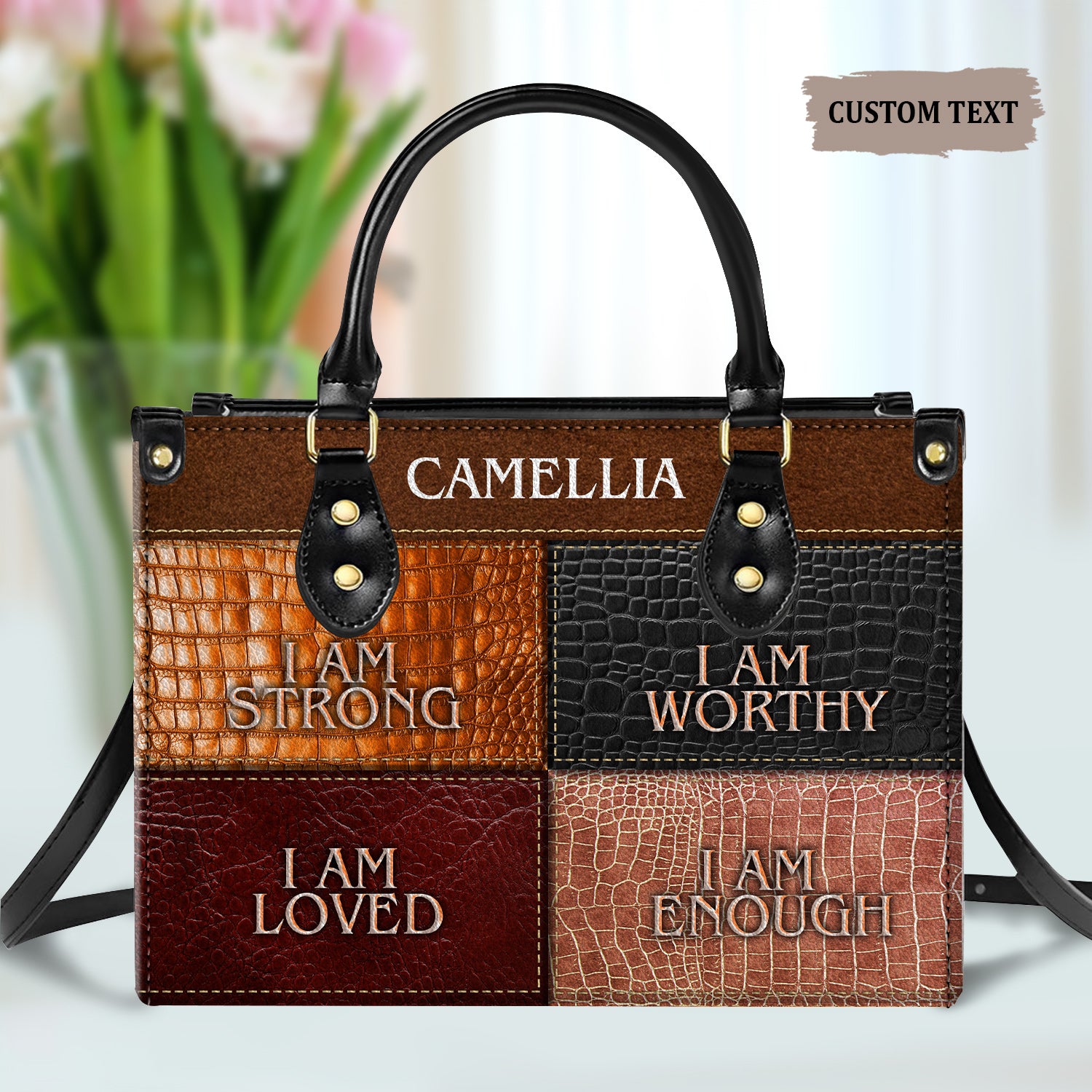 I Am Strong, I Am Worthy Christian Gift Personalized Leather Handbag