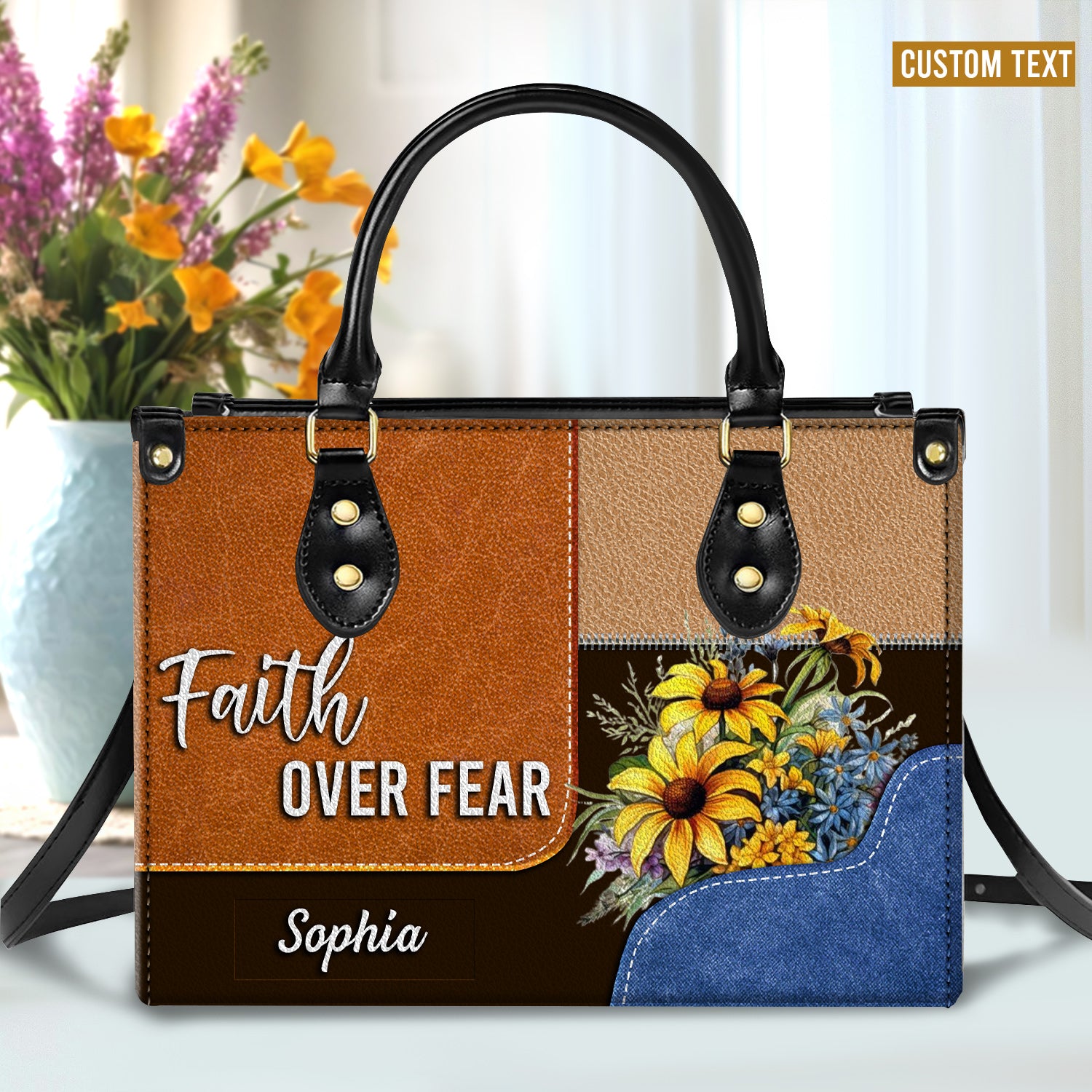 Faith Over Fear Personalized Sunflower Leather Handbag Religious Gift Christian Gifts For Women