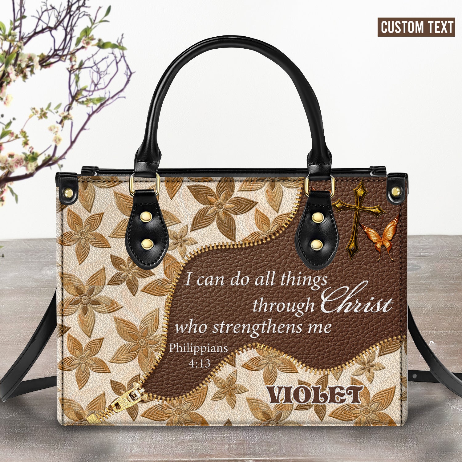 I can do all things Personalized Zippered Leather Handbag With Handle Christian Gift Religious Gift For Women