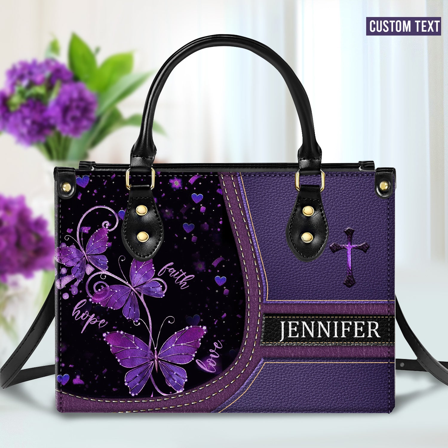 Faith Hope Love Purple Bag Personalized Leather Handbag Bags, Gifts for Women