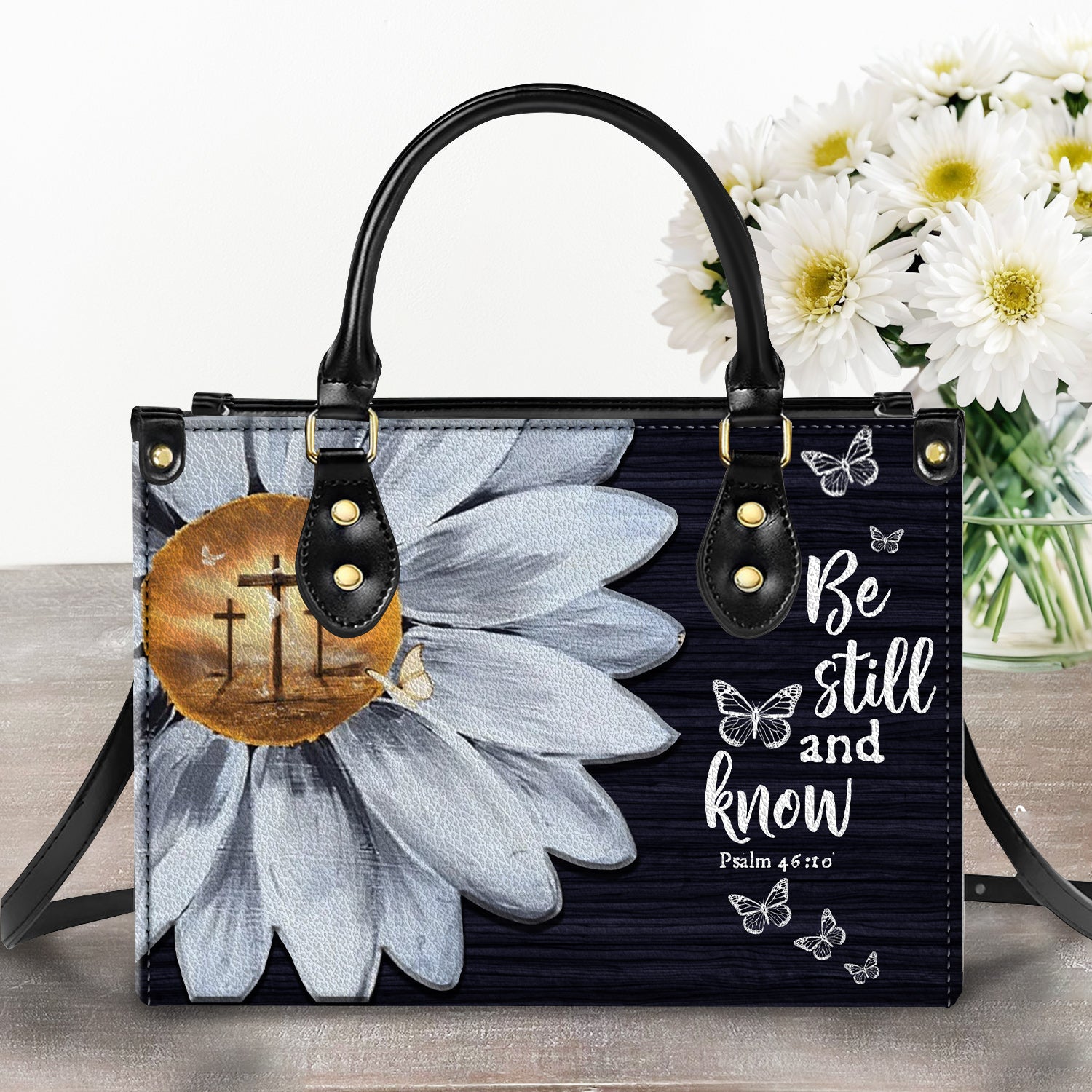 Daisy Flower Be Still and Know Personalized Leather Handbag With Handle Christian Gift Religious Gift For Women