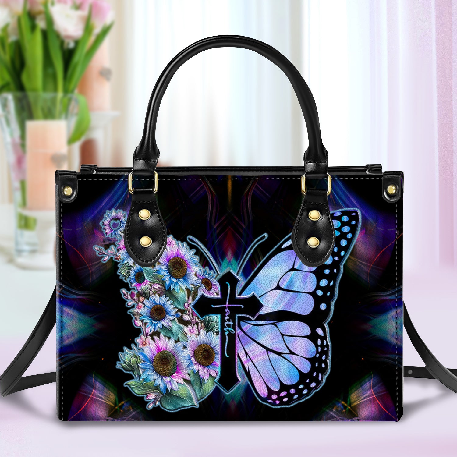 Faith Cross Butterfly Leather Handbag With Handle Christian Gift Religious Gift For Women