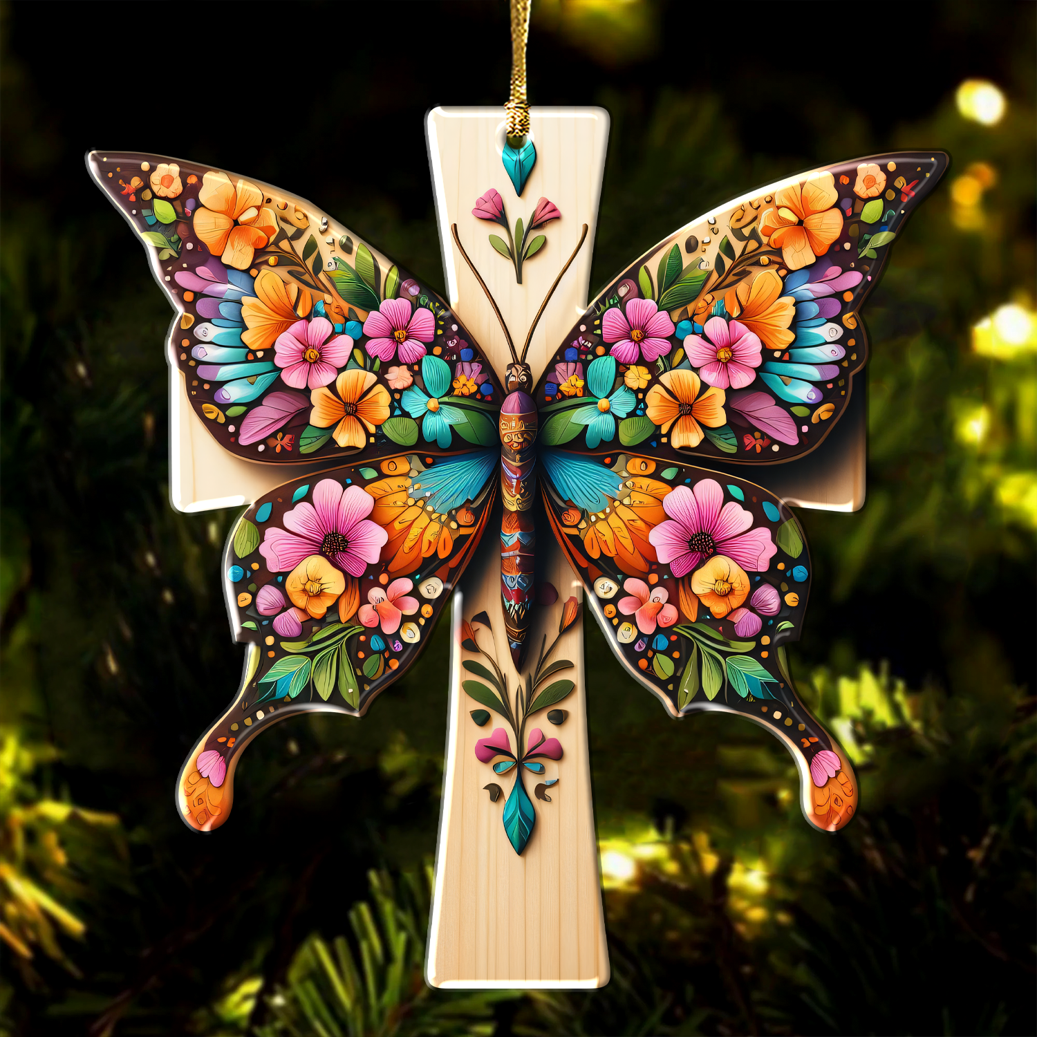 Colorful Flower Butterfly Cross Christian Gifts For Women, Birthday Gifts For Women, Ornament Gift, Christmas Ornament Car Hanging