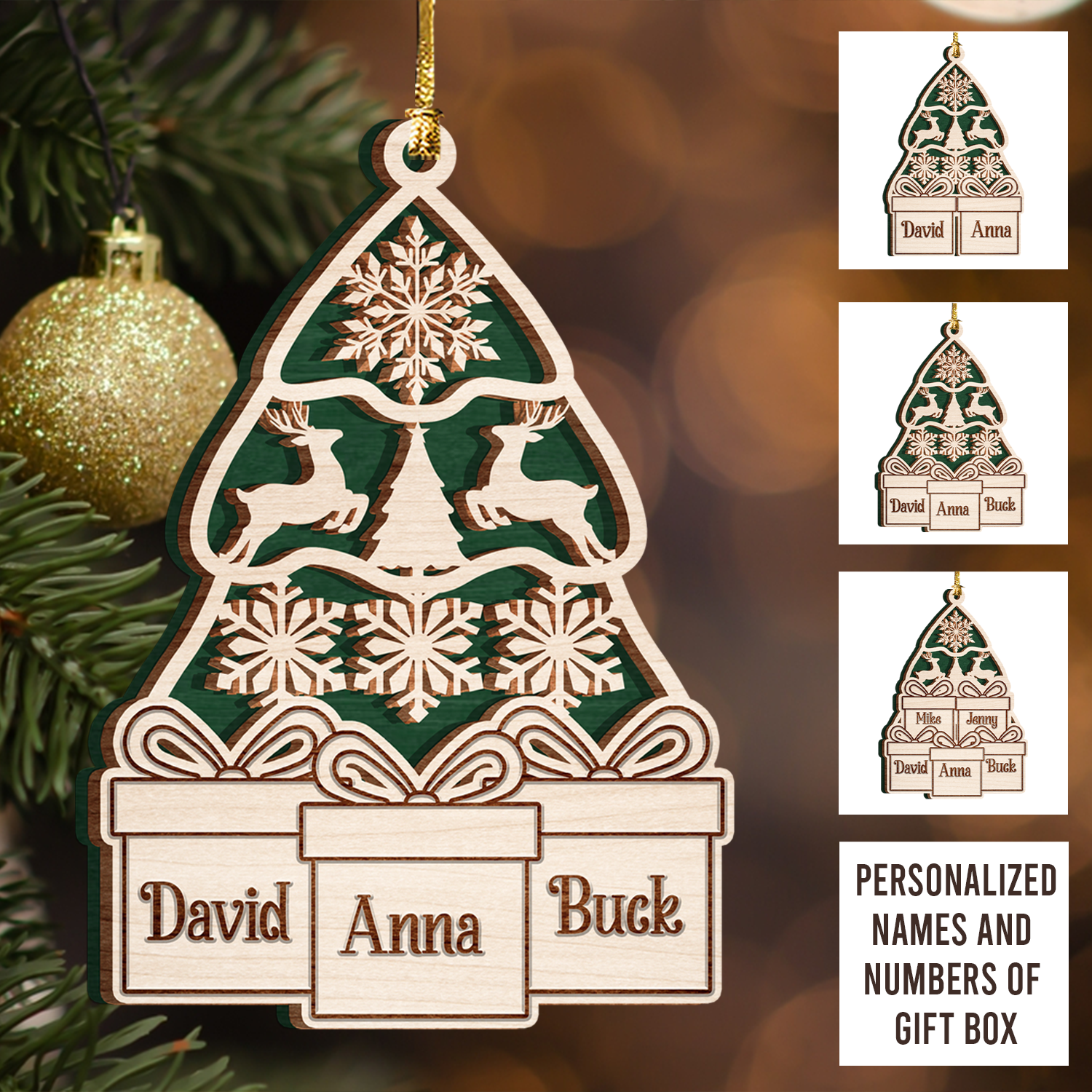 Green Wood Christmas Pine Gift Family Custom Ornament 2 Wooden Layers Christmas Hanging Gift