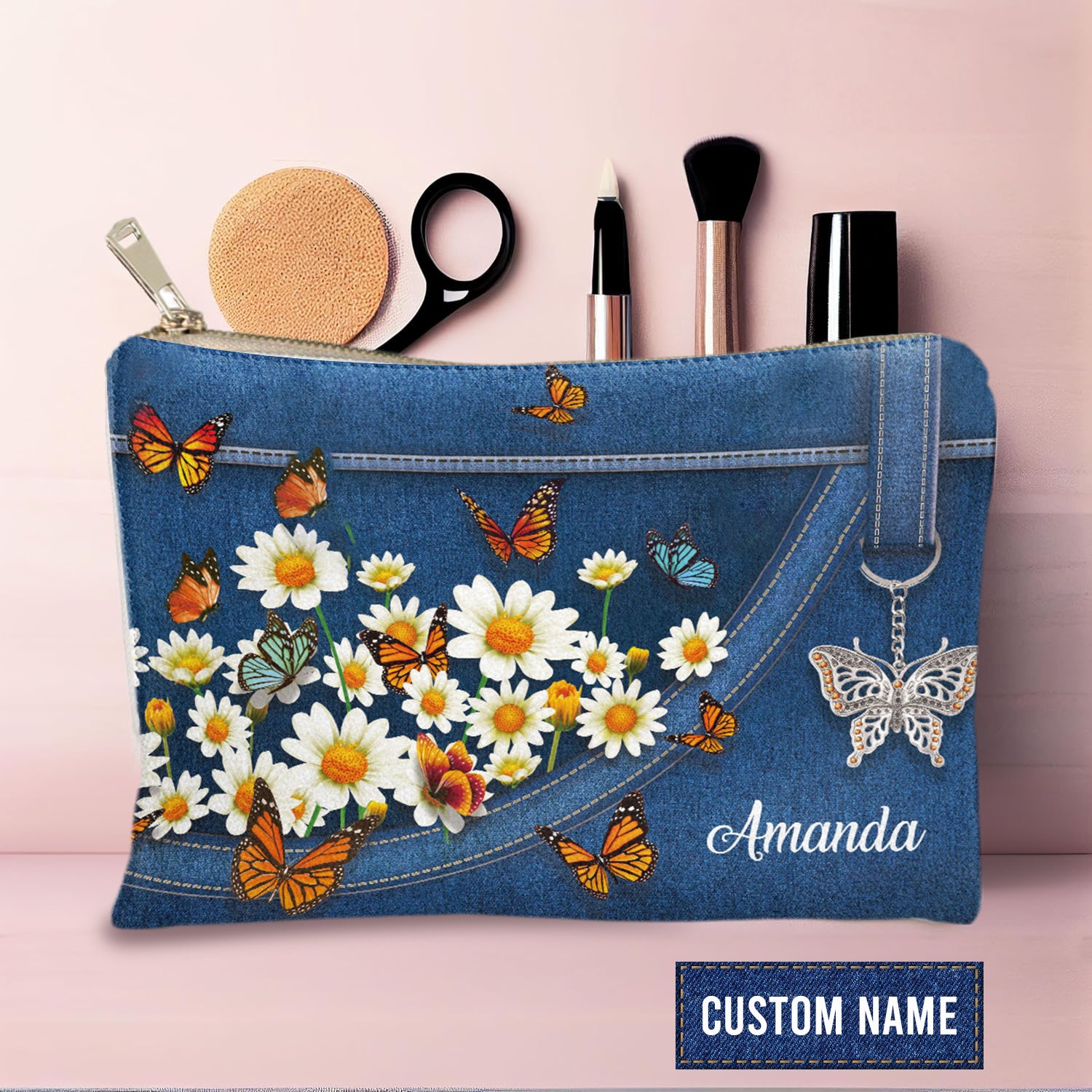 Lovely Daisy And Butterfly Personalized Cosmetic Bag Gifts For Women Birthday Mothers Day Gifts For Mom Sister Friend Friendship