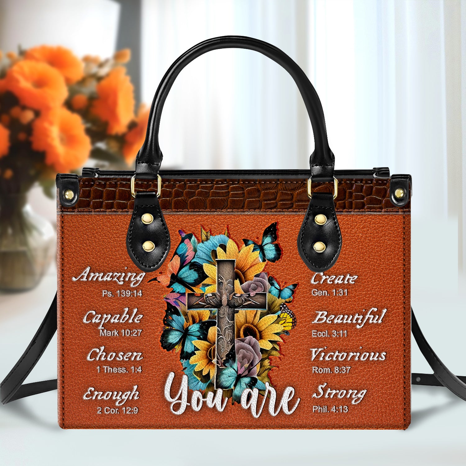 Vintage Sunflower Cross Butterfly You Are Leather Handbag