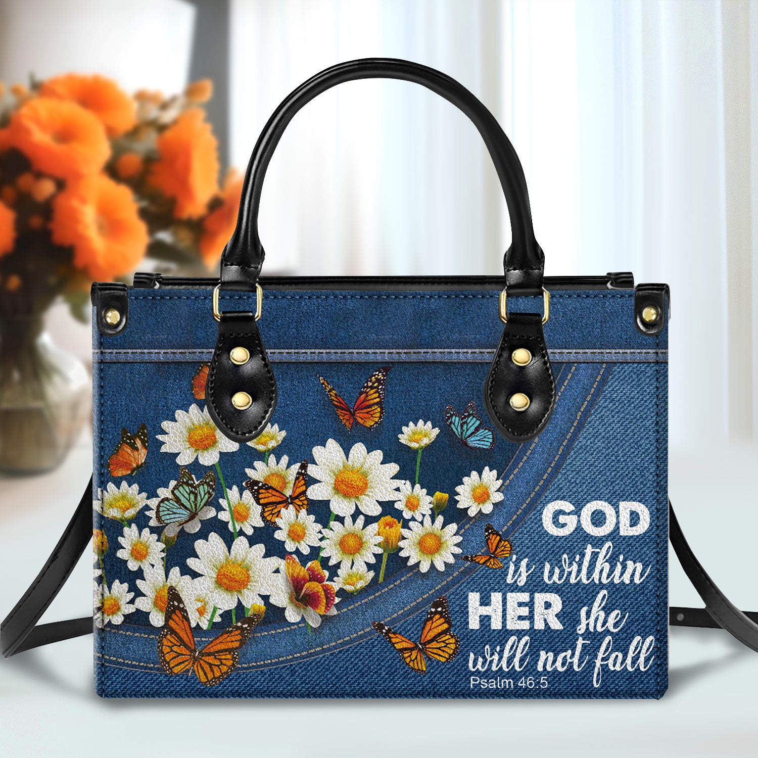 Daisy Garden She Will Not Fall Personalized Zippered Leather Handbag With Handle Christian Gift Religious Gift For Women