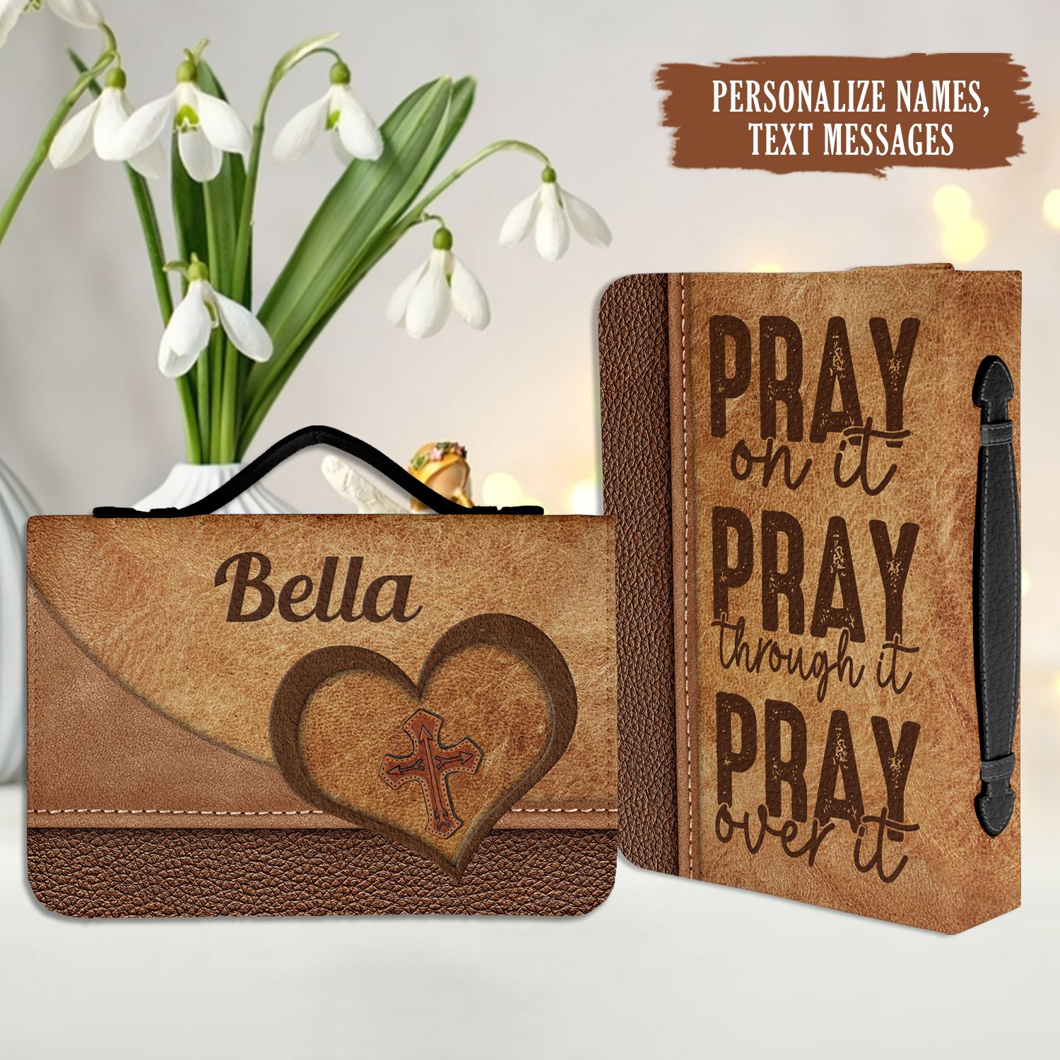 Leather Heart Cross Pray On It Christian Personalized Bible Cover