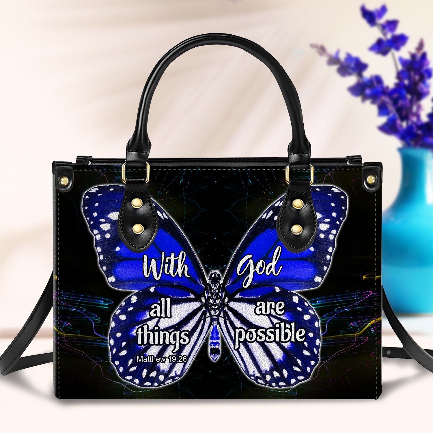Purple Butterfly All Things Are Possible Zippered Leather Handbag With Handle Christian Gift Religious Gift For Women
