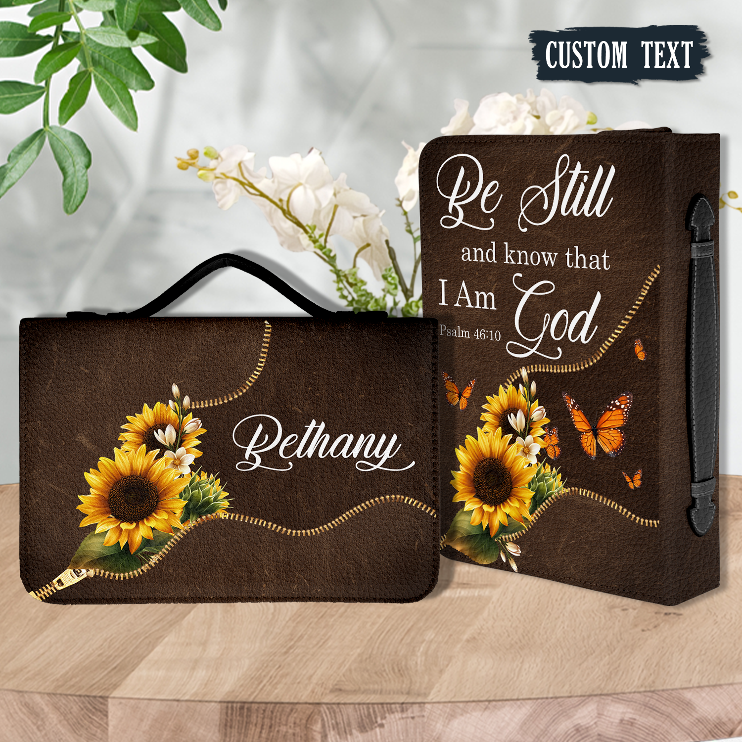 Sunflower Zipper Leather Be Still Christian Personalized Bible Cover