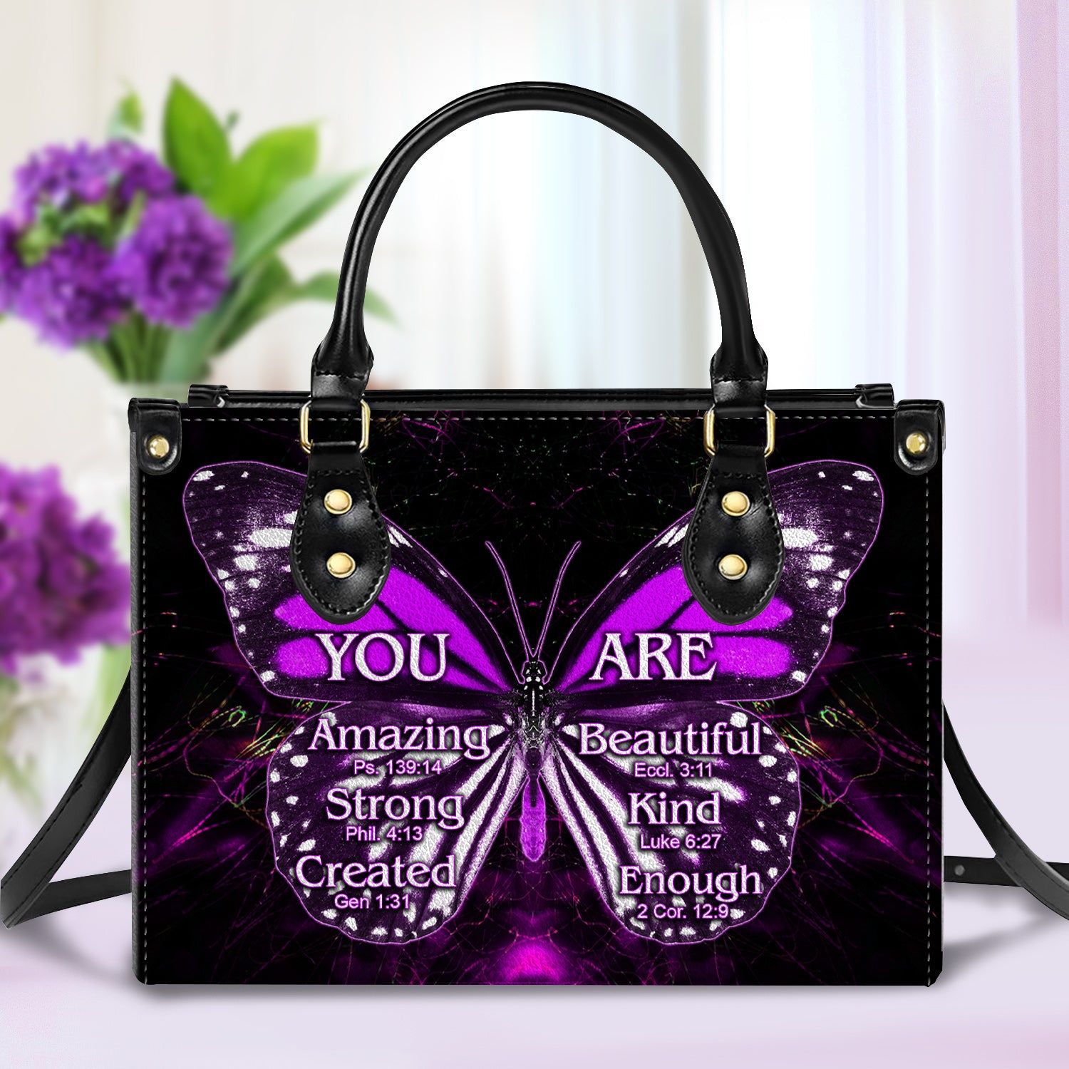 Purple Butterfly You Are Leather Handbag With Handle Christian Gift Religious Gift For Women