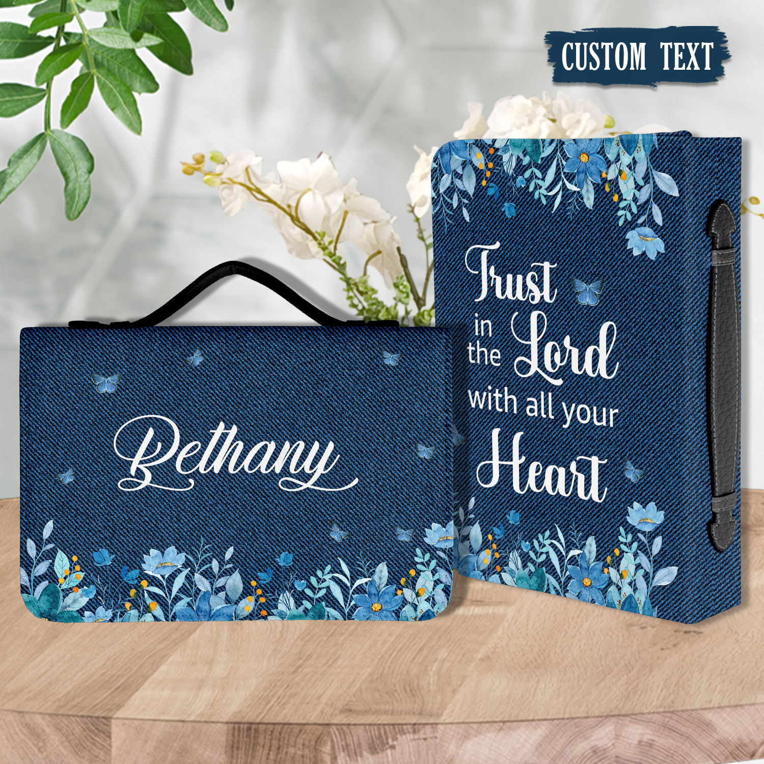 Blue Flower Jean Trust In The Lord Christian Personalized Bible Cover