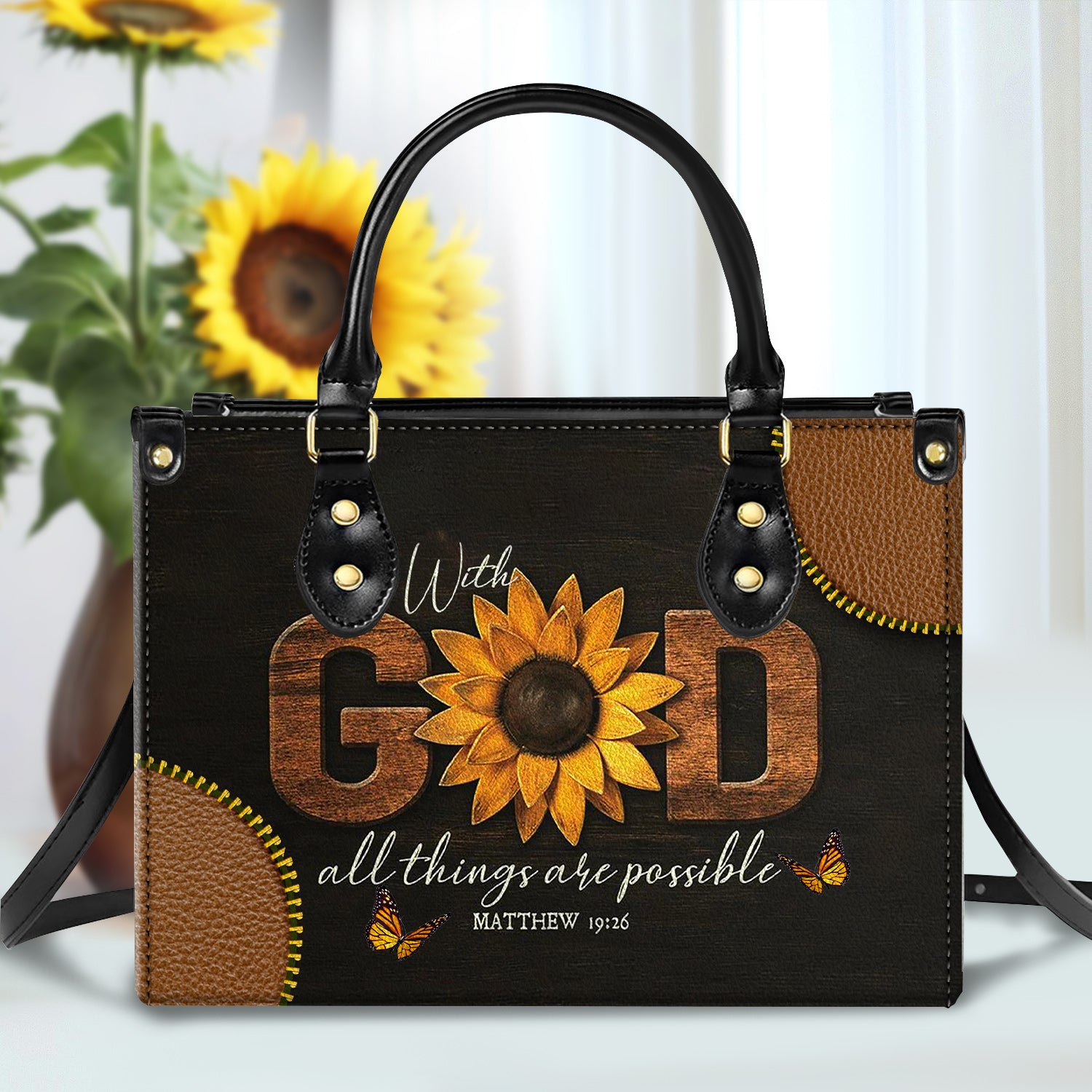 Sunflower All Things Are Possible Zippered Leather Handbag With Handle Christian Gift Religious Gift For Women