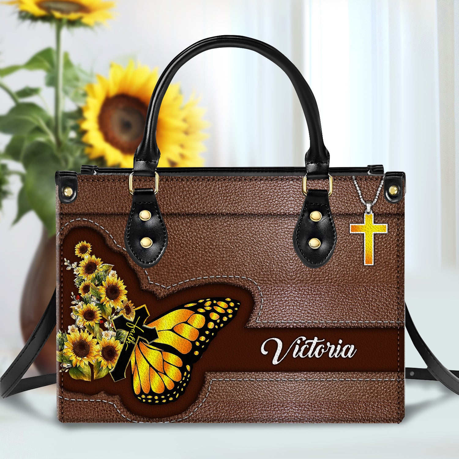 Sunflower Butterfly Personalized Leather Handbag With Handle Religious Gifts For Christian Women