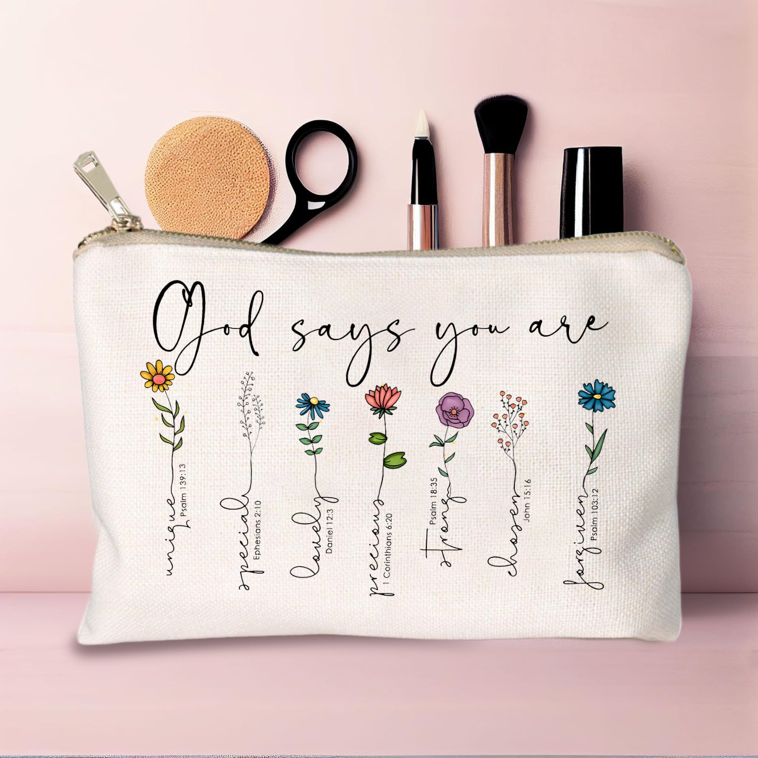You Are Cosmetic Bag, Christian Makeup Bag Bible Verse Floral Bible Verse Makeup Case for Women, Inspirational Cosmetic Bag, Sister Gifts