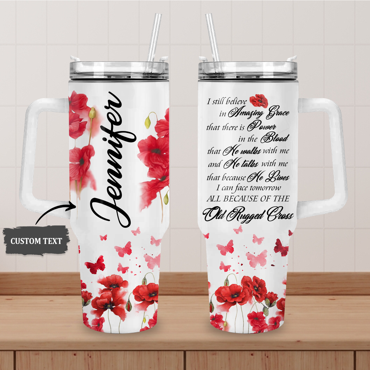 Poppy flower Old rugged cross - 40 Oz Tumbler With Handle - Personalized Stainless Steel Tumbler