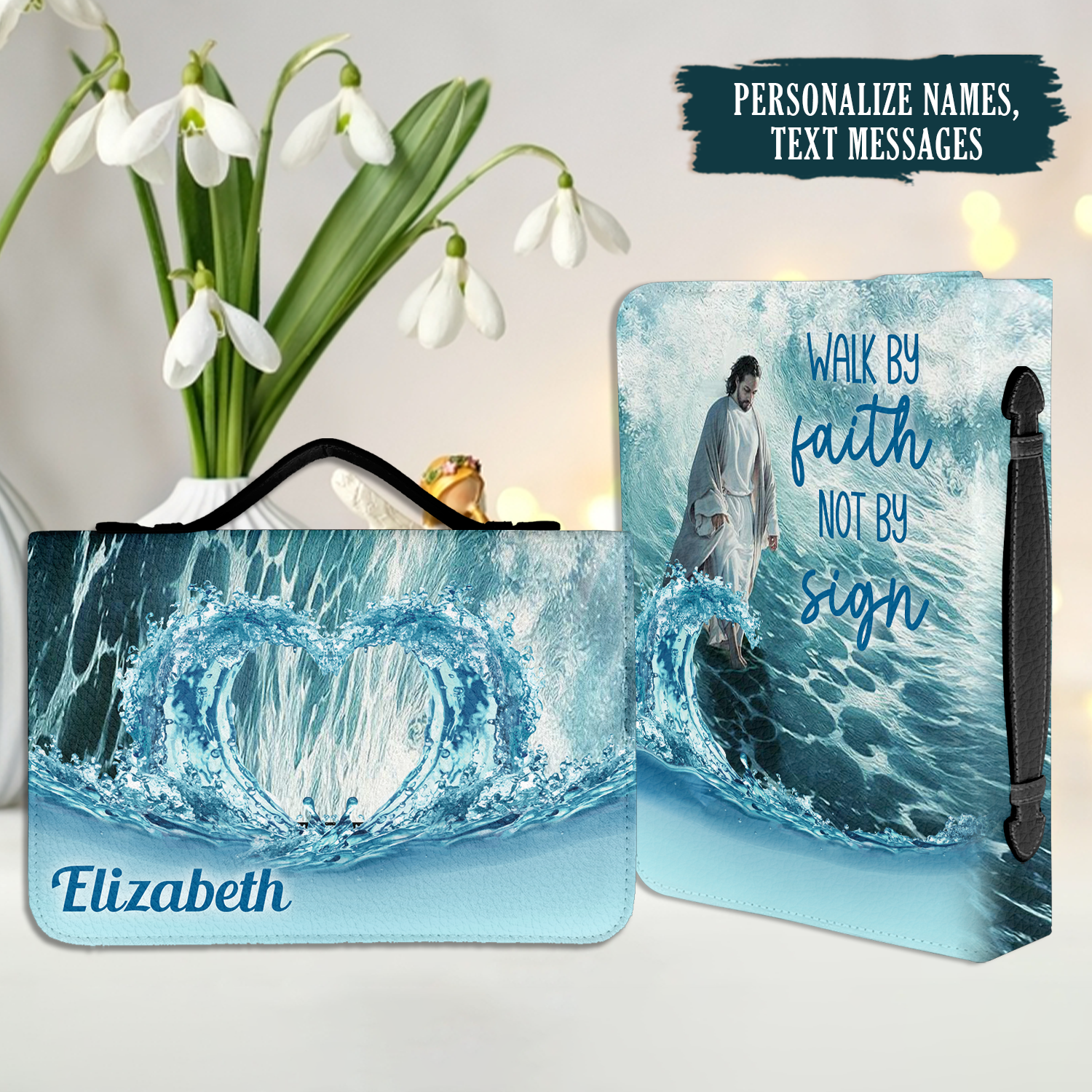 Blue Wave Heart Christ Walk On Water Christian Personalized Bible Cover