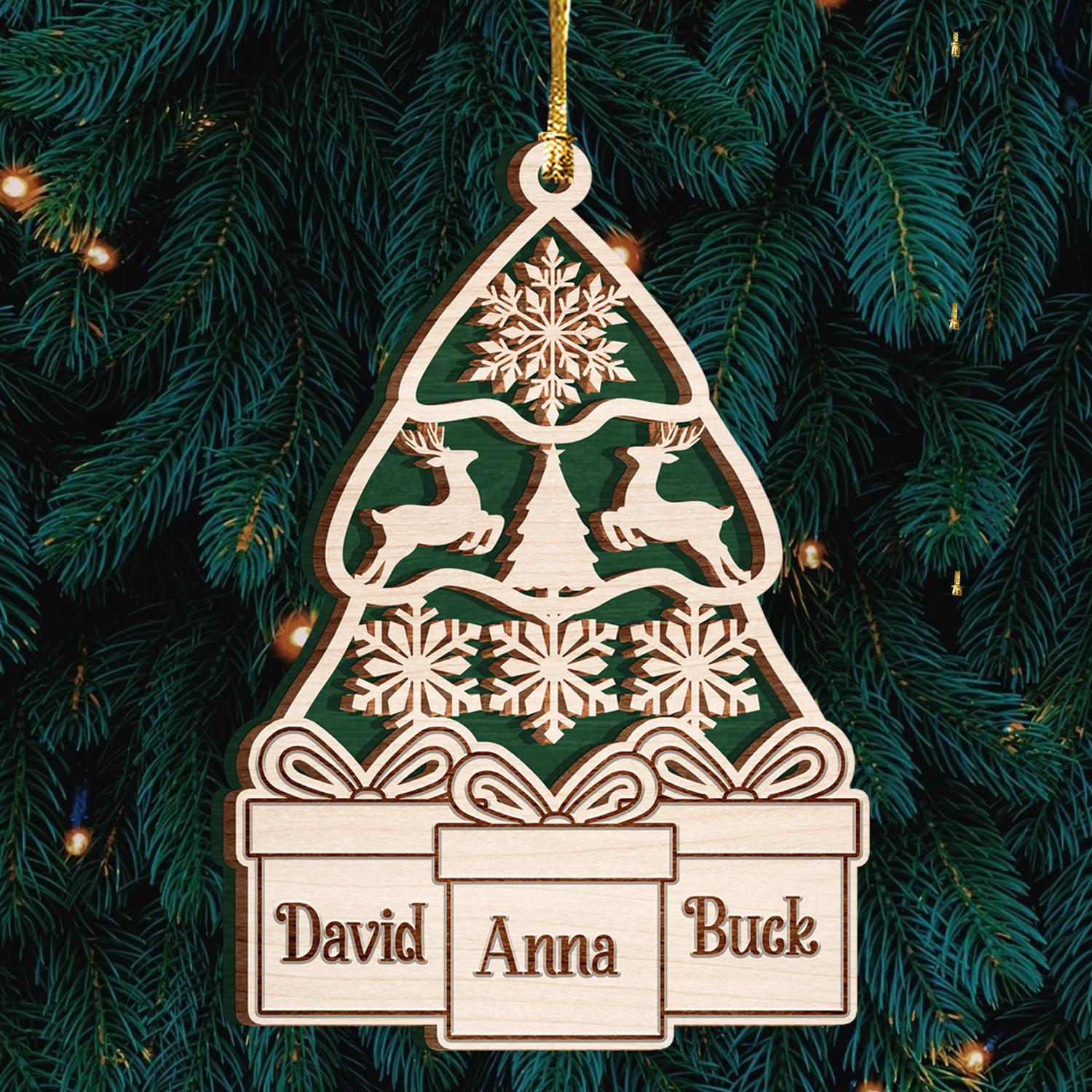 Green Wood Christmas Pine Gift Family Custom Ornament 2 Wooden Layers Christmas Hanging Gift