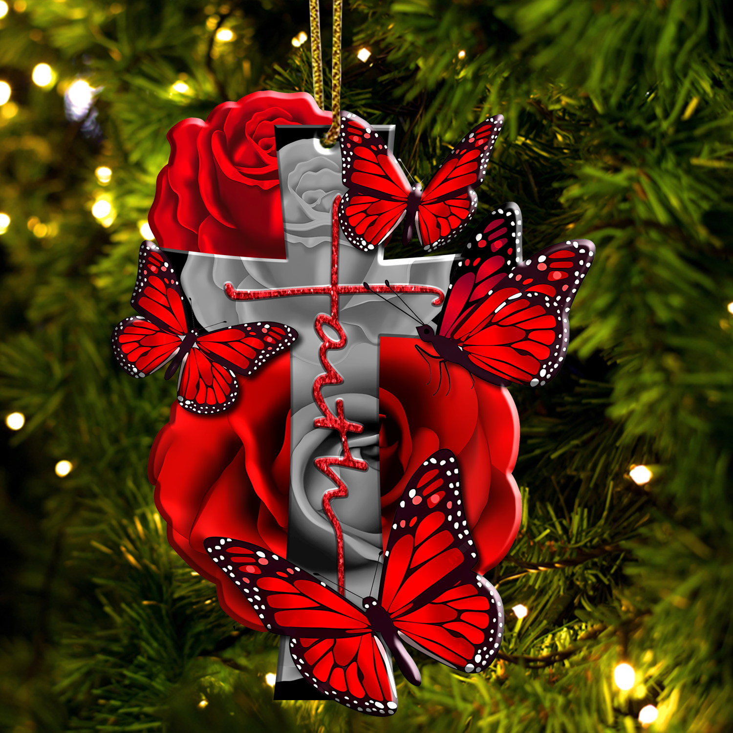 Red Roses Butterflies Faith Cross Christian Ornament Gift Christmas Ornament Car Hanging