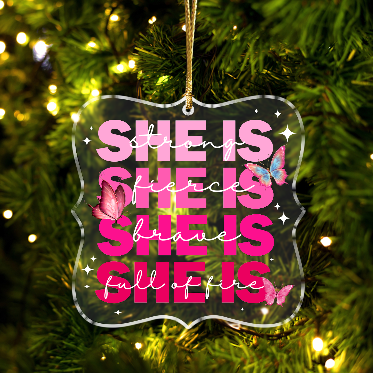She Is Strong Pink Butterflies Christian Ornament Gift Christmas Acrylic Transparent Ornament Car Hanging