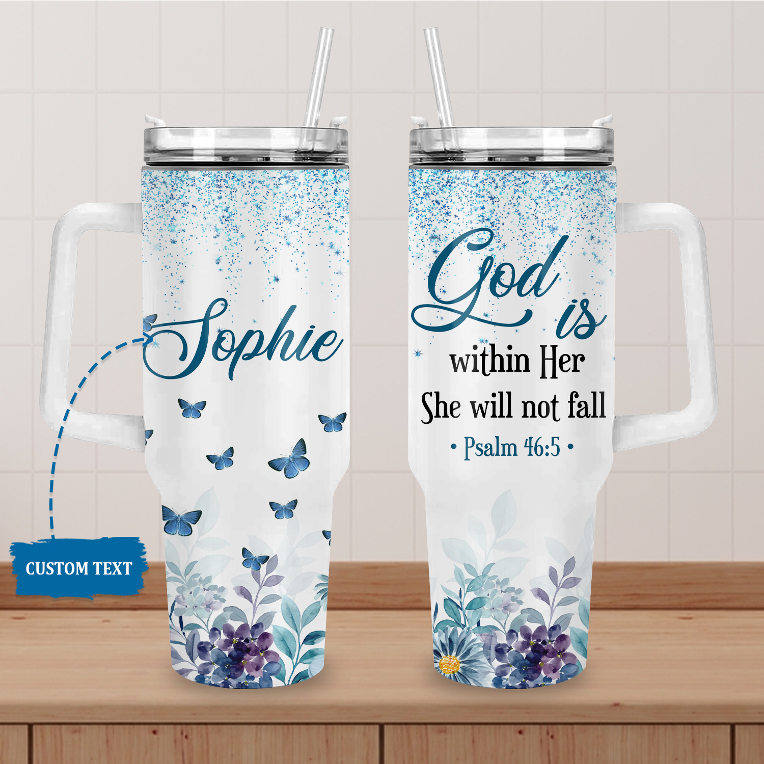 Blue Floral She Will Not Fall 40 Oz Tumbler With Handle - Personalized Stainless Steel Tumbler