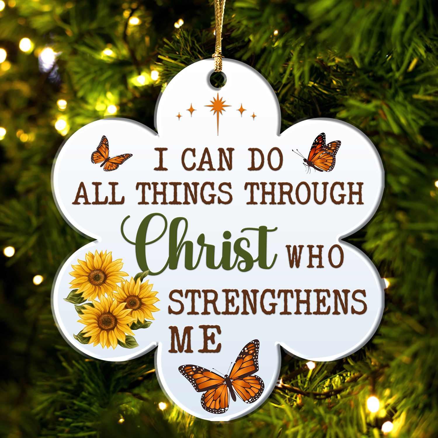 Sunflower Butterfly I Can Do All Thing Through Christ Christian Ornament Gift Bible Verse Christmas Ornament Car Hanging