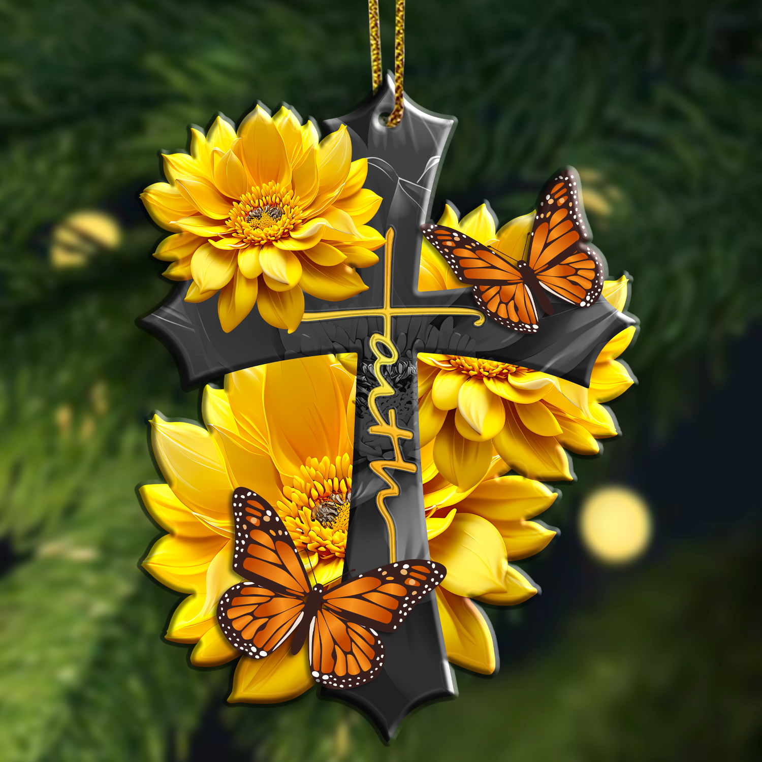 Sunflower Faith Butterfly Christian Cross Ornament Gift Christmas Ornament Car Hanging