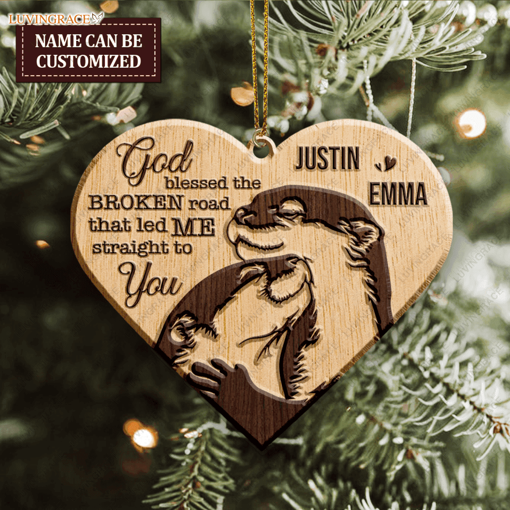 Adorable Cuddling Otter Couple God Blessed Personalized Wood Engraved Ornaments Wooden Ornament
