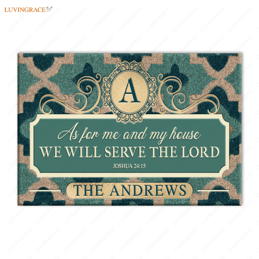 Aqua Quatrefoil Monogram Serve The Lord Personalized Doormat