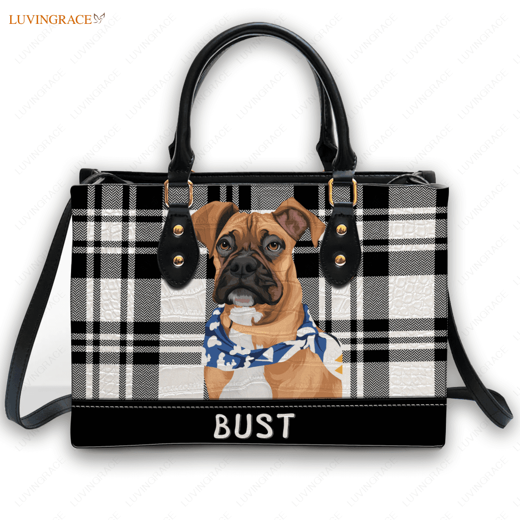 Artistic Plaid Black White Pet Digital Painting Portrait - Personalized Custom Leather Bag Handbags