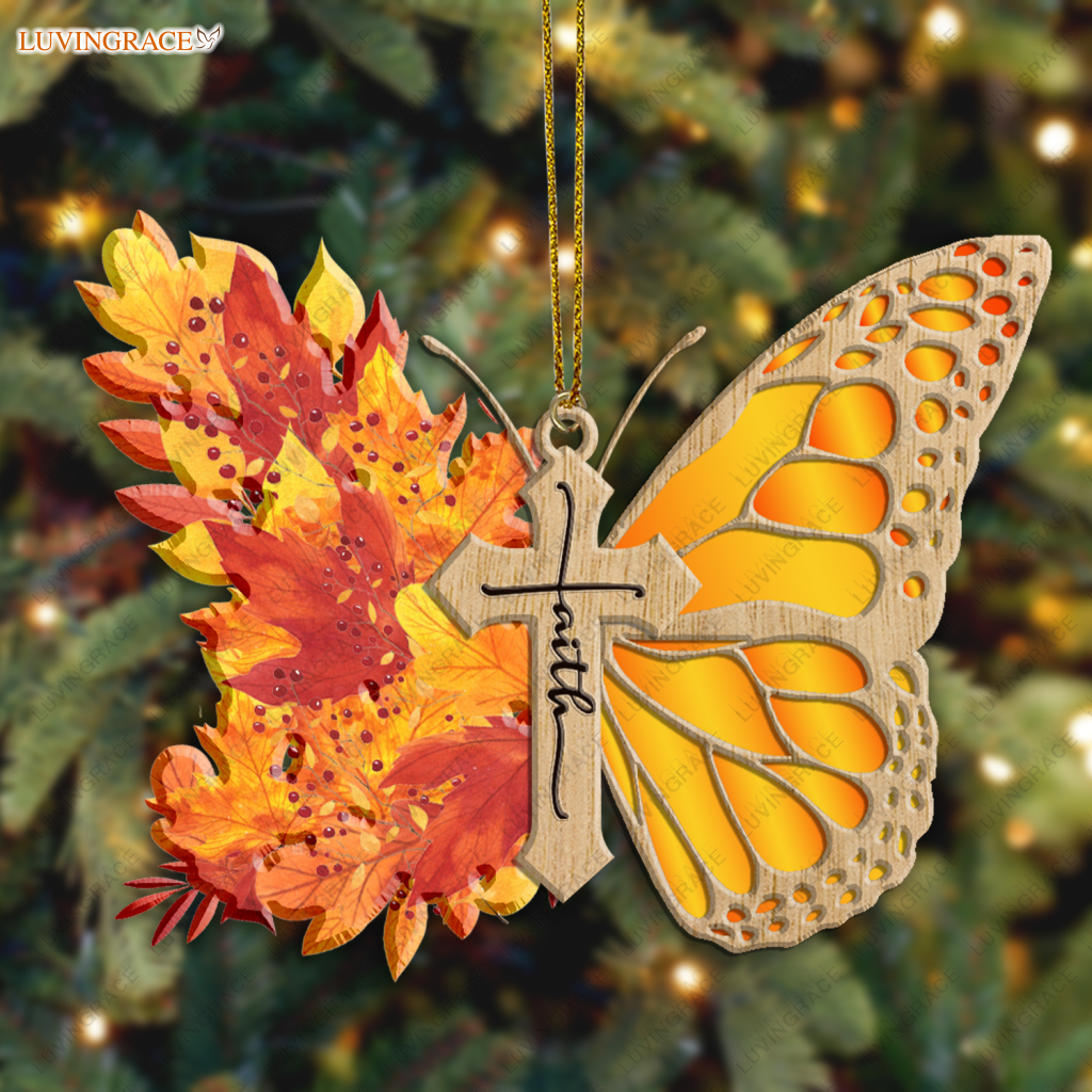 Autumn Maple Floral Butterfly Faith Cross Jesus Christian Lover Wood Engraved Ornaments Wooden
