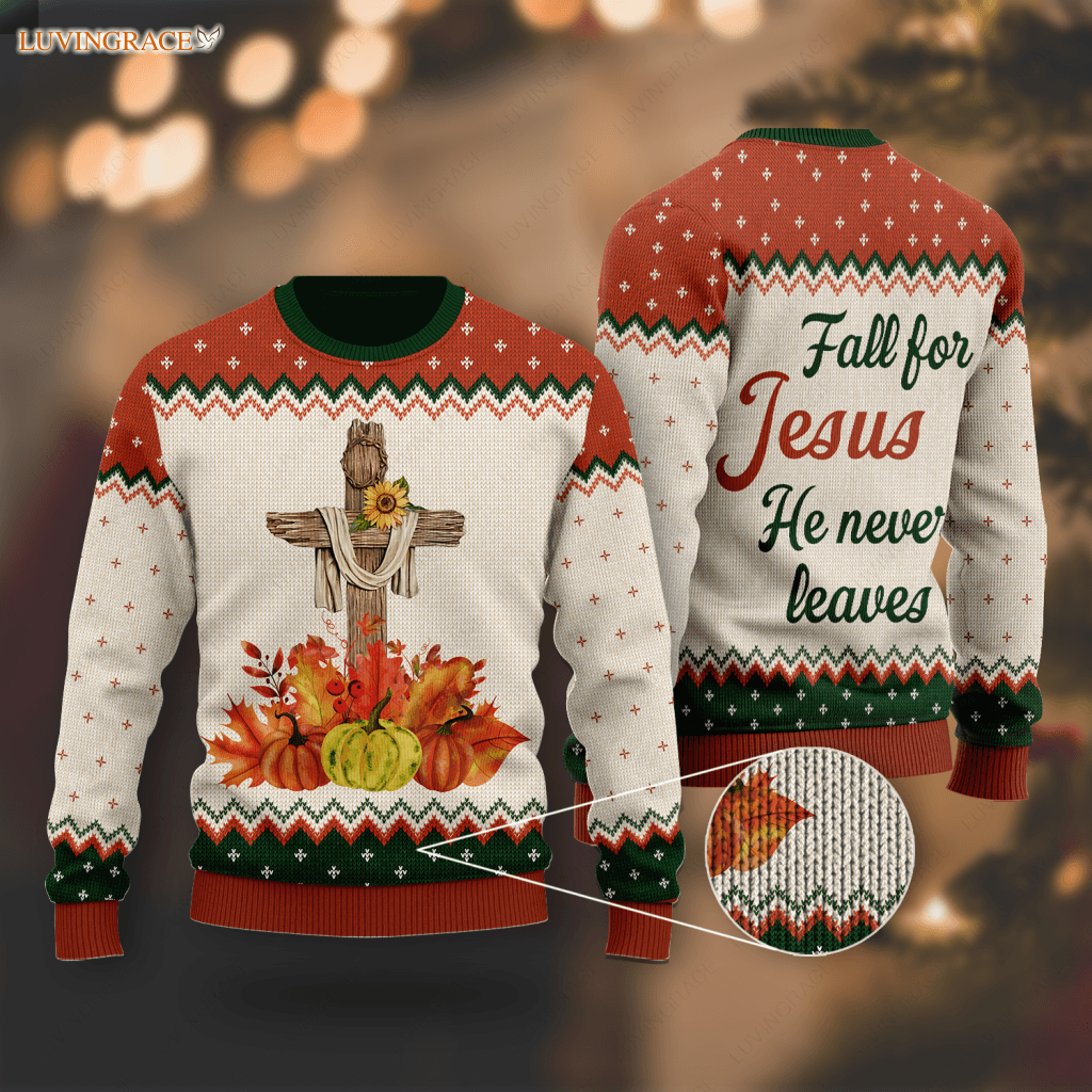 Autumn Pumpkin Floral Cross Wool Knitted Pattern Fall For Christ He Never Leaves Ugly Sweater