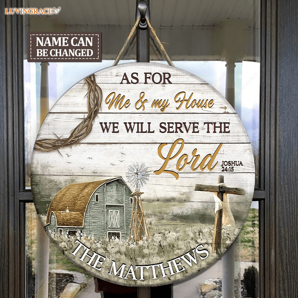 Barn And Cross Serve The Lord Personalized Wood Circle Sign