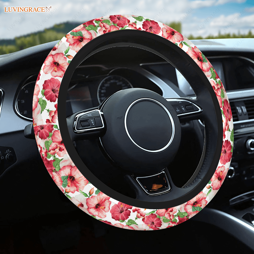 Beautiful Pink Hibiscus Car Steering Wheel Cover