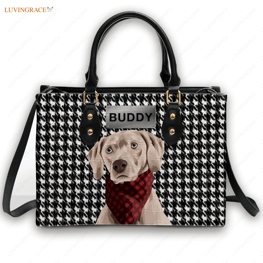 Black And White Plaid Tweed Pattern Pet Digital Painting Portrait - Personalized Custom Leather Bag
