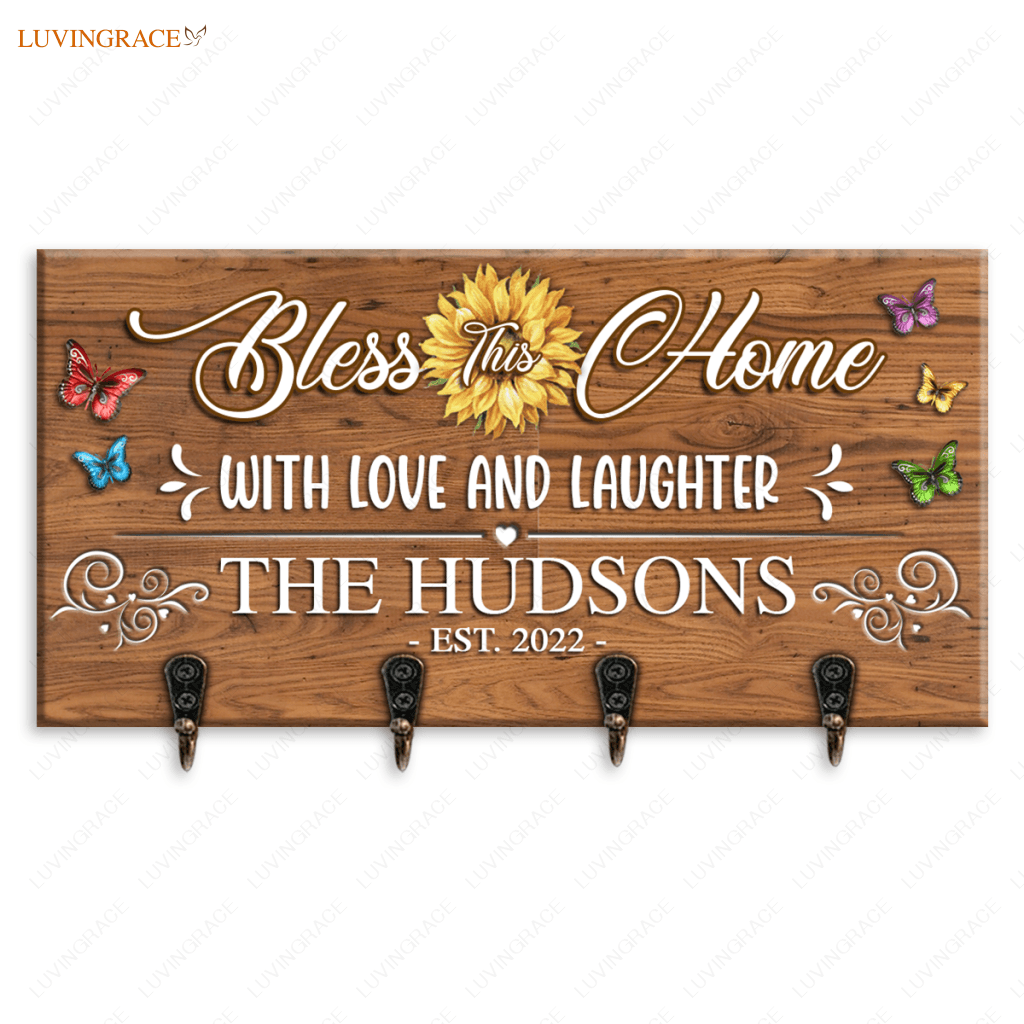 Bless This Home With Love And Laughter Personalized Key Hanger