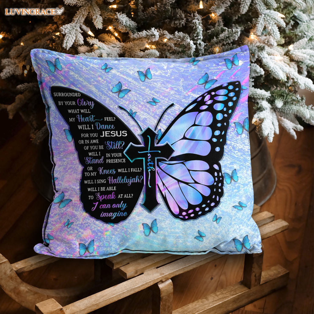 Blue Hologram Faith Cross Butterfly Surrounded By The Glory Pillow