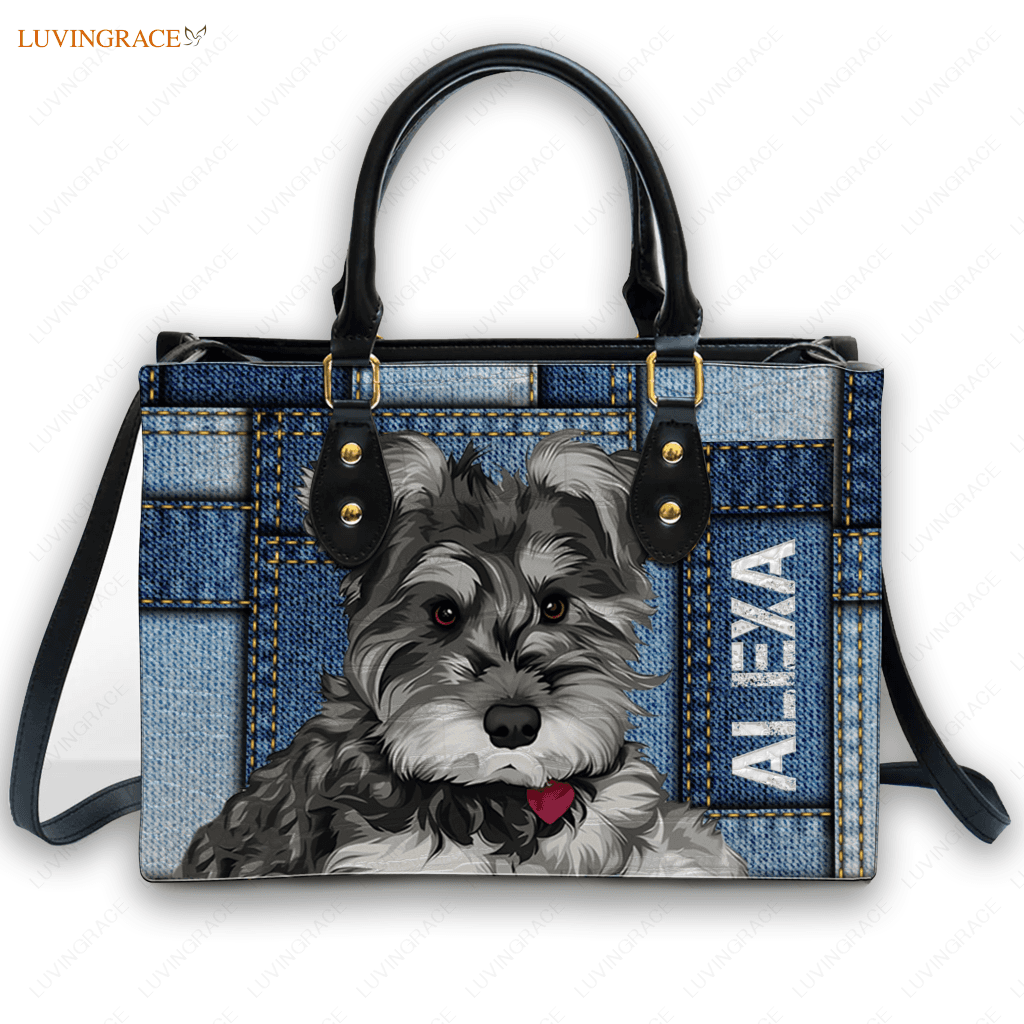 Blue Jean Collage Pattern Pet Digital Painting Portrait - Personalized Custom Leather Bag Handbags