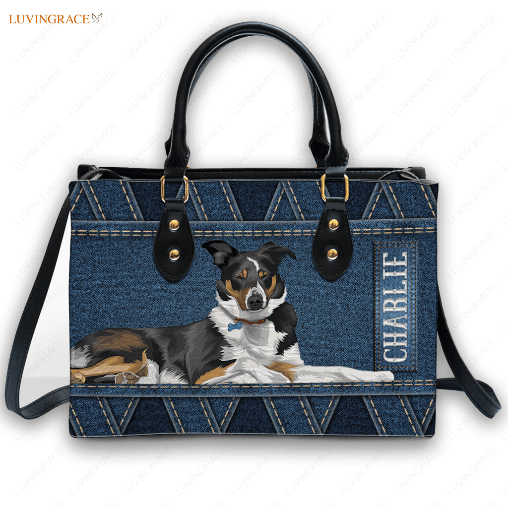 Blue Jean Pattern Pet Digital Painting Portrait - Personalized Custom Leather Bag Handbags
